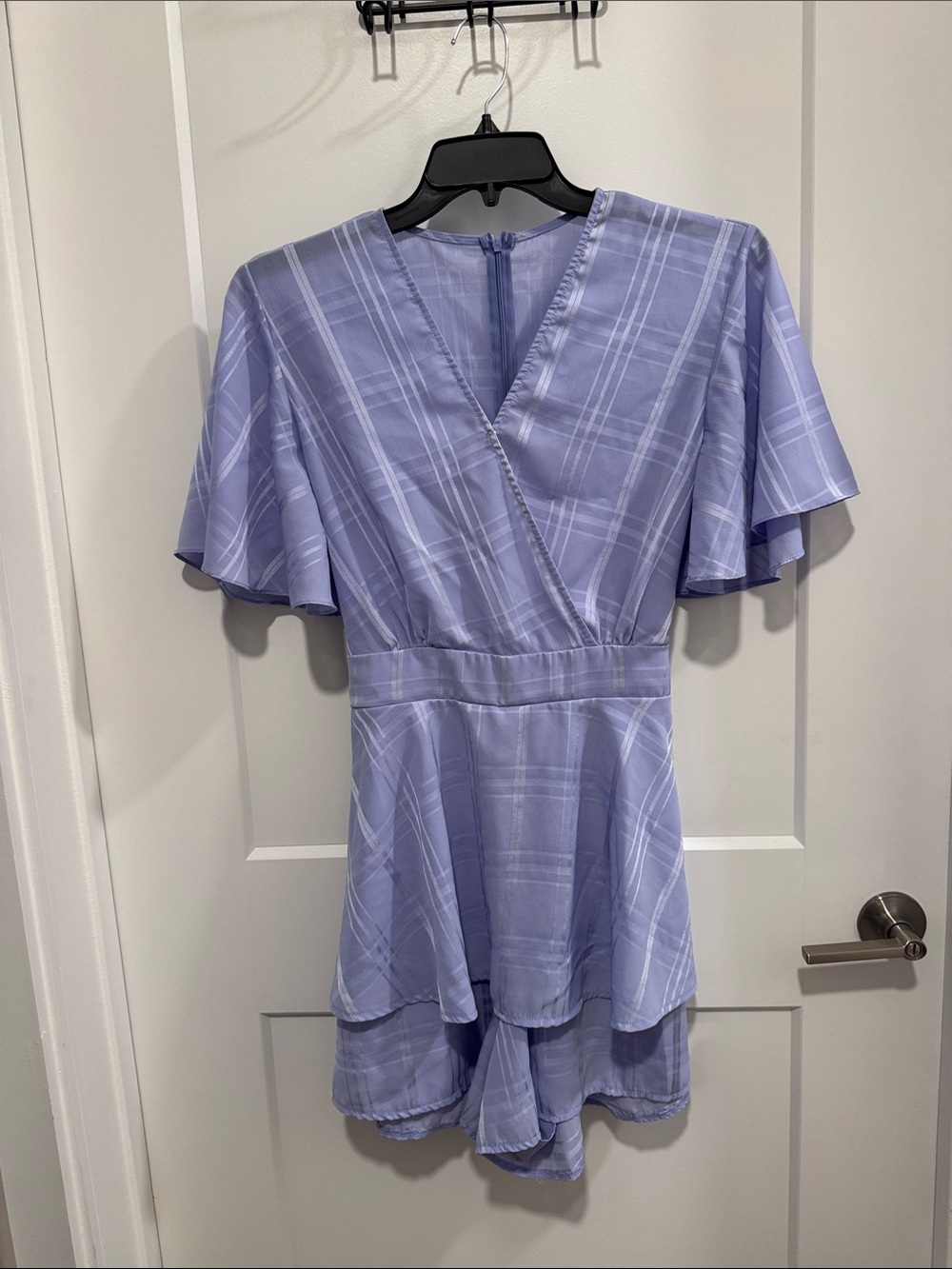 Lilac Plaid Flutter Sleeve Wrap Romper Dress size L